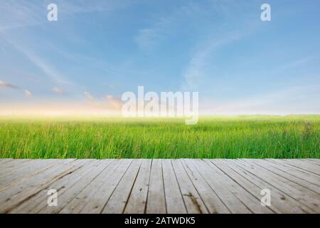 wooden batten bridge juts out into the expanse of the rice filed and beatiful sky Stock Photo