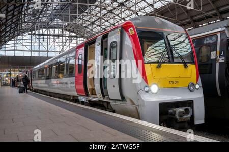 Class 175 passenger train in Transport For Wales livery waiting in a station in the United Kingdom. Stock Photo