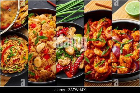 Food collage. Indian chinese cuisine dishes set. Schezwan Noodles, Fried Rice, Chicken, Prawns and Paneer. Indian Food. Asian Dishes Photo Collage Stock Photo