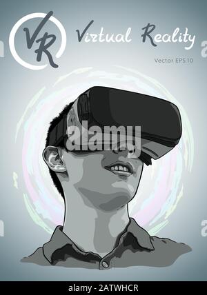 Man wearing virtual reality goggles. Hand drawn vector illustration, sketch Stock Vector
