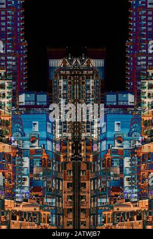 Abstract digital geometric composite of commercial building in Manhattan's financial district in New York City, USA. Stock Photo