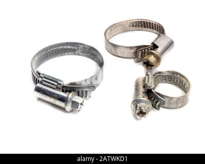 different hose clamps insulated on white background Stock Photo
