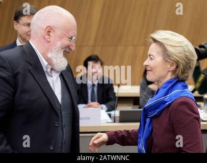 Brussels, Belgium. 05th Feb, 2020. EU Commissioner for European Green Deal - First Vice President and Executive Vice President Frans Timmermans (L) is talking with the President of the European Commission Ursula von der Leyen (R) prior to the weekly meeting of the EU Commission in the Berlaymont, the EU Commission headquarters on February 5, 2020 The European Commission, is a supranational body of the European Union. In the political system of the EU, it mainly performs tasks of the executive, and thus roughly corresponds to the government in a state system. - N Credit: dpa picture alliance/Al