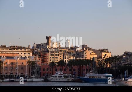 GENOA, ITALY, JANUARY 23, 2020 - View of 'Ancient Port' (Porto Antico) area with old city on the background in Genoa, Italy. Stock Photo