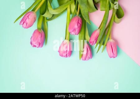 Closeup top view of a bouquet of pink tulips on a multicolored paper background with a copy space Stock Photo