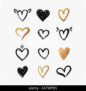 Hearts isolated on a white background. Vector hand drawn symbols for love, wedding, Valentine's day or other romantic design. Set of 12 various decora Stock Vector