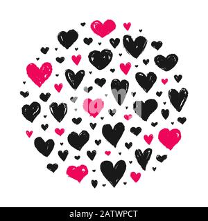 Hearts isolated on a white background. Circle shape made of painted hand drawn hearts. Vector illustration for love, wedding, Valentine's day or other Stock Vector
