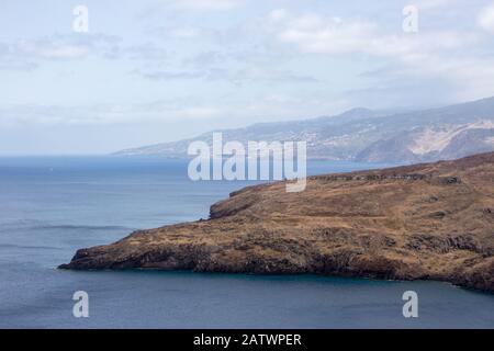 View Ponta sao lourenco madeira east point hiking path stormy sea weather outdoor landscape concept Stock Photo