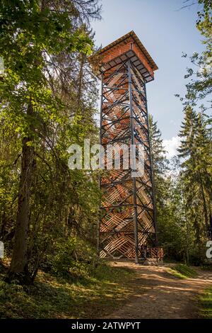 Tall wooden & metal lookout tower in forest. Sunny summer day. Stock Photo