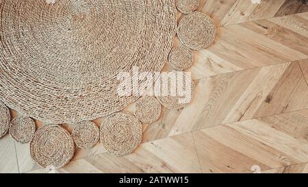 Jute braided home spiral rug background texture pattern Stock Photo