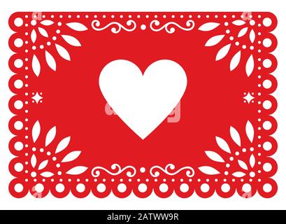 Papel Picado vector design for Valentine's Day with heart shape, red Mexican paper cut out decoration with flowers and geometric shapes Stock Vector