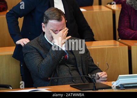 Erfurt, Germany. 05th Feb, 2020. Bodo Ramelow (Die Linke), acting Minister President of Thuringia, sits in the state parliament during the election of the new Minister President. Ramelow is running for re-election. The AfD parliamentary group has nominated the non-party honorary mayor Kindervater. Ramelow failed the first round. Credit: Martin Schutt/dpa-Zentralbild/dpa/Alamy Live News Stock Photo