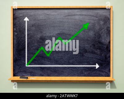 Graph, chart up. School blackboard with a green arrow going up showing good performance Stock Photo