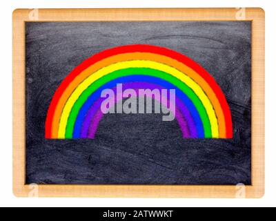 A multi coloured rainbow drawn on a small blackboard Stock Photo