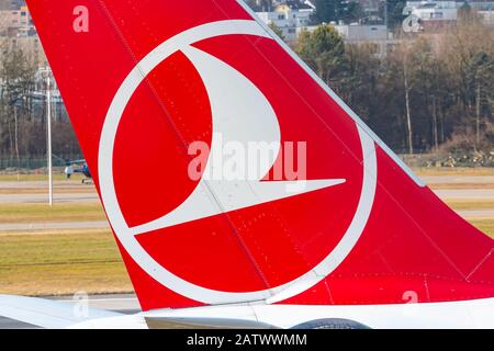 Zurich, Switzerland - February 1, 2020: Turkish Airlines Logo on an Airbus A330 airplane at Zurich airport (ZRH) in Switzerland. Airbus is an aircraft Stock Photo