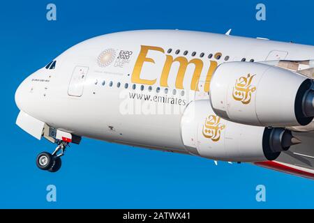 Munich, Germany - February 16, 2019: Emirates Airbus A380 airplane at Munich airport (MUC) in Germany. Airbus is an aircraft manufacturer from Toulous Stock Photo