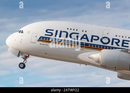 Zurich, Switzerland - February 1, 2020: Singapore Airlines Airbus A380 airplane at Zurich airport (ZRH) in Switzerland. Airbus is an aircraft manufact Stock Photo