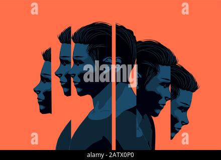 A young man slpit into sections. Mental wellbeing and mens issues concept.Vector illustration Stock Vector