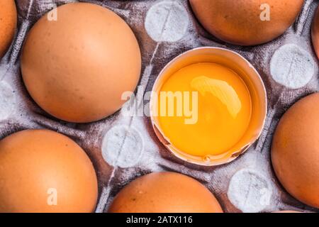 Chicken eggs in carton box - Top of view Stock Photo