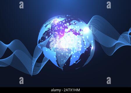 Global social network. Networking and data connection concept. Worldwide internet and technology. Dynamic waves connected by plexus light lines Stock Vector