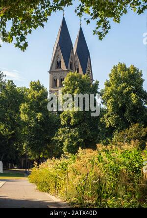 KOBLENZ, GERMANY - 7/6/2019:  The towers of the Basilica church of St. Castor, the oldest church in Koblenz Stock Photo