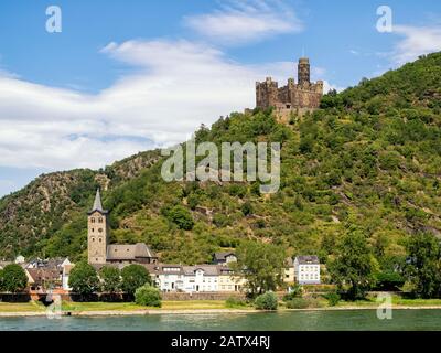 WELLMICH, GERMANY - JULY 06, 2019:  Maus Castle set on a hillside overlooking the village on the  Rhine River