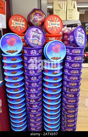Stacks of chocolate boxes in a supermarket Stock Photo