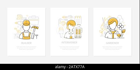 Different professions - line design style banners set Stock Vector