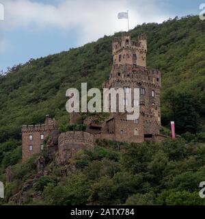 NIEDERHEIMBACH, GERMANY - JULY 06, 2019:  View of Sooneck Castle as seen from the Rhine River Stock Photo