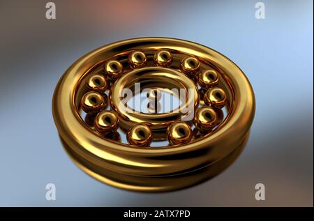 Rings and balls of gold on a reflective surface. Set of gold jewelry or objects Stock Photo