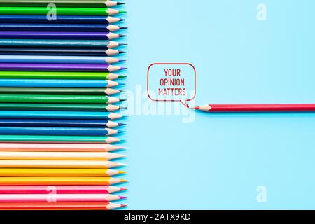 Your opinion matters. group of color share opinion on blue background Stock Photo