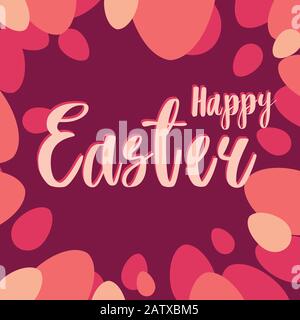 Happy Easter handwritten text and red Easter eggs. Modern Greeting card. Calligraphy lettering and simple easter eggs in pastel red colors. Hand drawn Stock Vector
