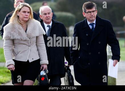 Brenda Elmer's husband Alec Elmer (centre) and her son Jonathan Elmer (right) arrive at West Sussex Coroners Court in Crawley for the inquest into the death of the 81-year-old. Mrs Elmer is one of five people thought to have died in last year's national listeria scandal, linked to sandwiches that had been supplied to 43 NHS trusts. Stock Photo