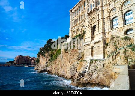 Monaco-Ville, Monaco - January 28, 2020: Oceanographic Museum of Monaco and part of Fontvielle harbor at the Mediterranean waterfront. Stock Photo