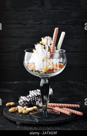 Ice-cream with dried fruits. Dessert. Top view. Stock Photo