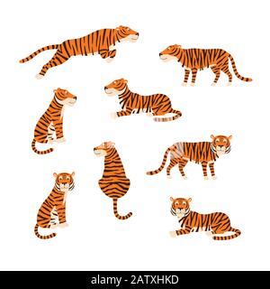 Powerful tiger in different actions set of cartoon vector Illustrations Stock Vector