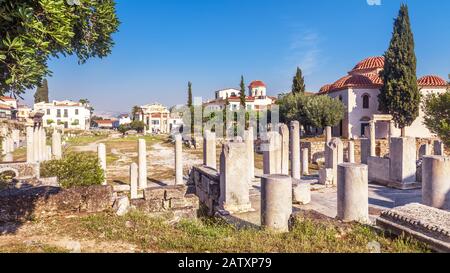 Scenic panoramic view of Roman Agora, Athens, Greece. It is one of the main landmarks of Athens. Scenery of Ancient Greek ruins in Athens centre near Stock Photo