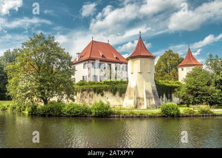 Blutenburg Castle in Munich, Germany. It is an old landmark of Munich city. Scenic view of medieval architecture of Munich in summer. Beautiful panora Stock Photo