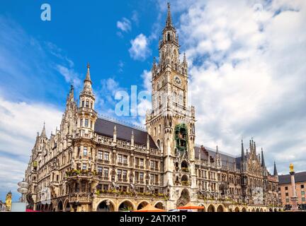 Marienplatz square in Munich, Bavaria, Germany. Beautiful view of Town Hall or Rathaus. It is a famous landmark of Munich. Panorama of Gothic tourist Stock Photo