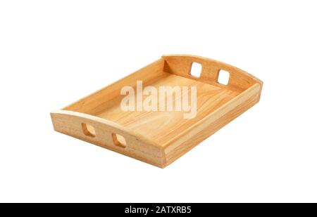 Empty rectangle wooden serving tray isolated on white Stock Photo