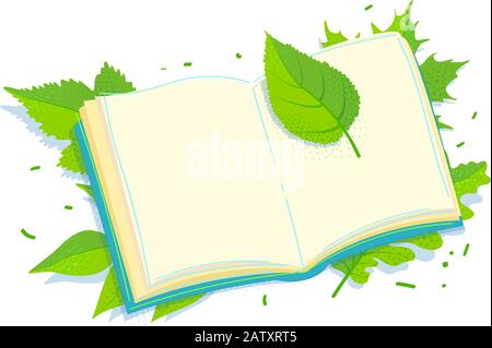 Open book in green leaves in flat style. Decorative vector template frame. Stock Spring concept layout page. Summer sheet illustration. Copy space nature creative element isolated on white background. Stock Vector