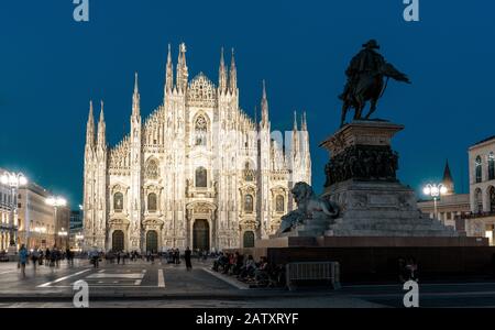 Milan Cathedral or Duomo di Milano on Cathedral Square at night, Italy. This place is a main tourist attraction of Milan. Panorama of old architecture Stock Photo