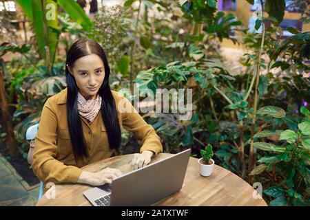 Asian young woman sitting at the table and typing on laptop computer she working online in coffee shop Stock Photo