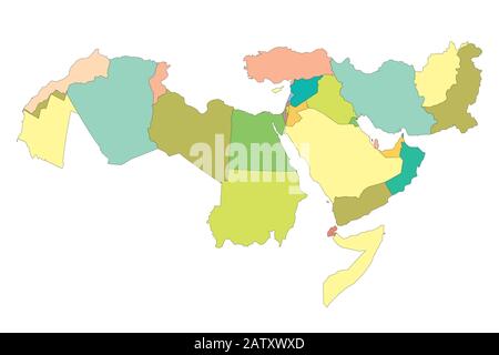 Map of Greater Middle East with borders of countries Stock Vector