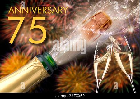 75th jubilee and anniversary with champagne and firework Stock Photo