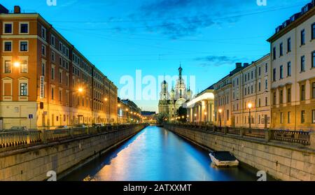 Griboyedov Canal (Kanal Griboyedova) with Church of the Savior on Spilled Blood at White Night in St. Petersburg, Russia Stock Photo