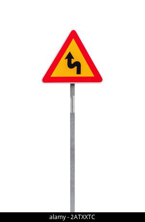 Dangerous turns, triangle warning traffic sign near rural road Stock Photo  - Alamy