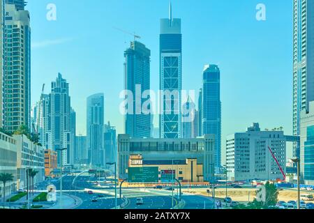 Dubai, OAE - February 01: Street and modern towers in Downtown Dubai Stock Photo