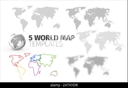 Collection of World map templates made from diagonal lines, dots or halftone for your infographics reports Stock Vector