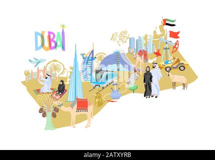 Dubai map with hand drawing icons symbols, United Arab Emirates, Middle East Stock Vector